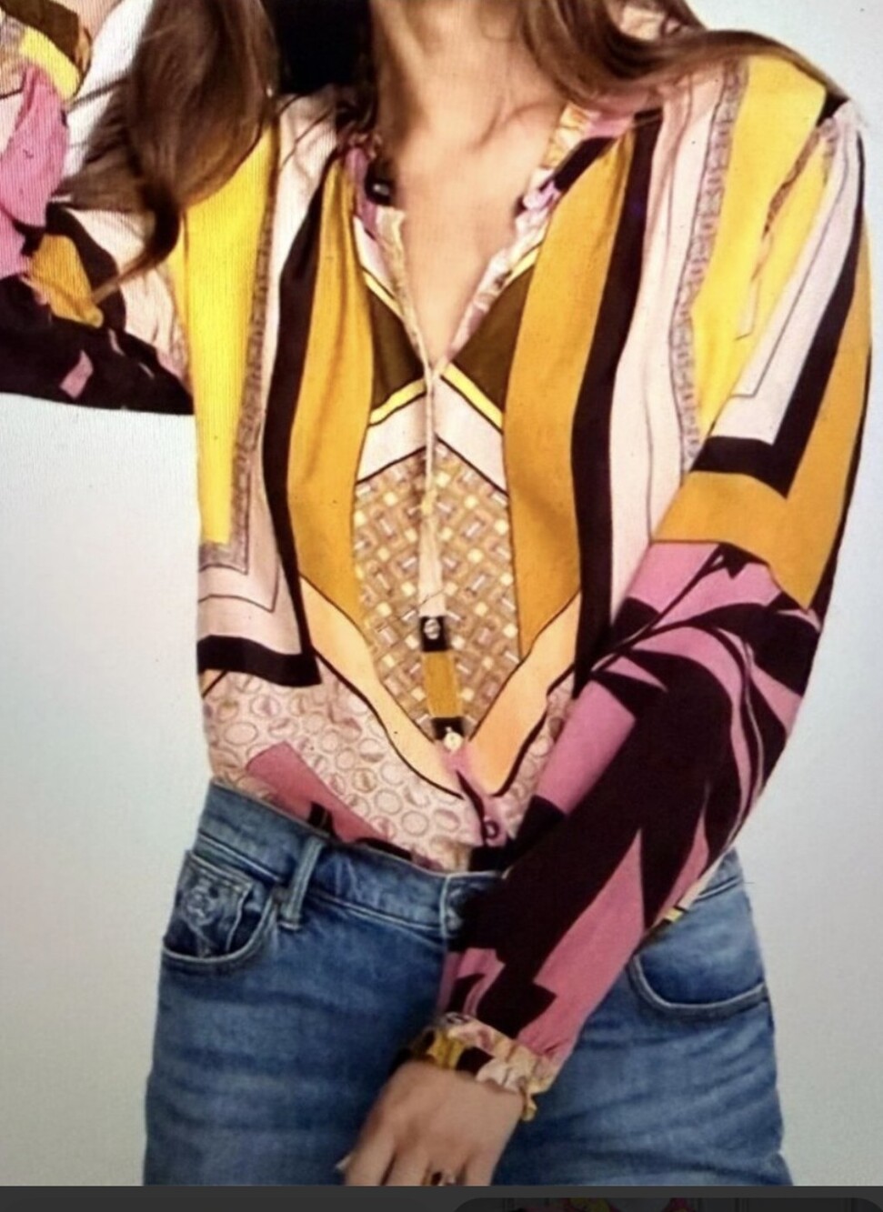 Johnny Was Echo Amabel Retro Printed Silk Peasant Ruffle Blouse - Artsy Size S